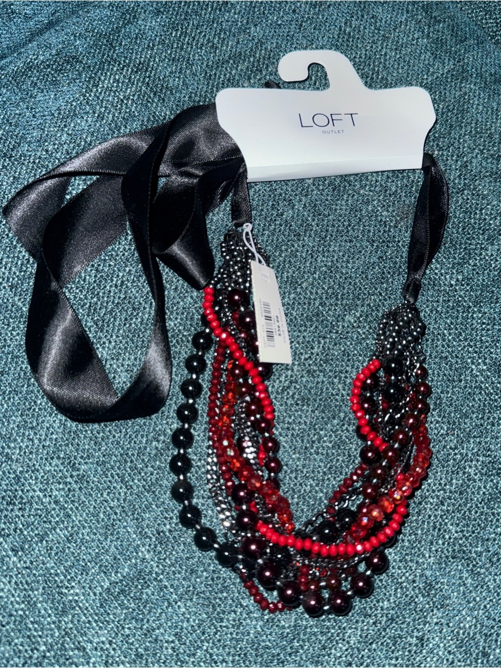 LOFT Black and Red Multi-Strand Beaded Ribbon Necklace